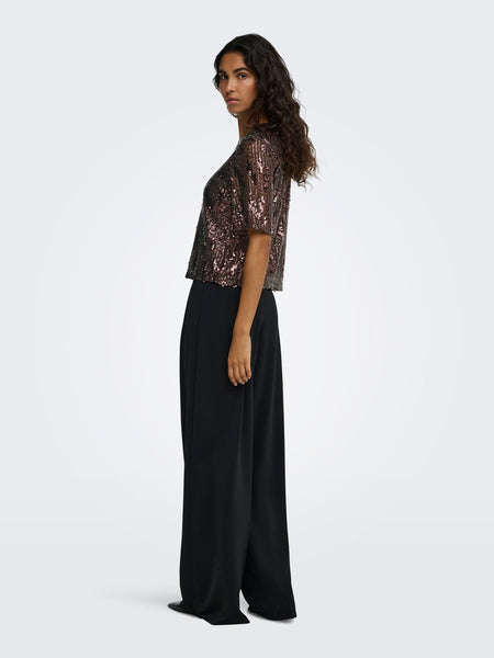 JDY Short Sleeve Sequin Top in Brown