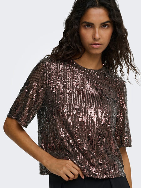 JDY Short Sleeve Sequin Top in Brown