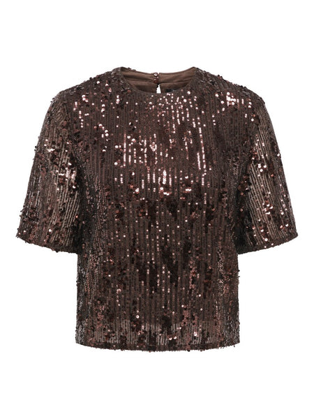 JDY Short Sleeve Sequin Top in Brown