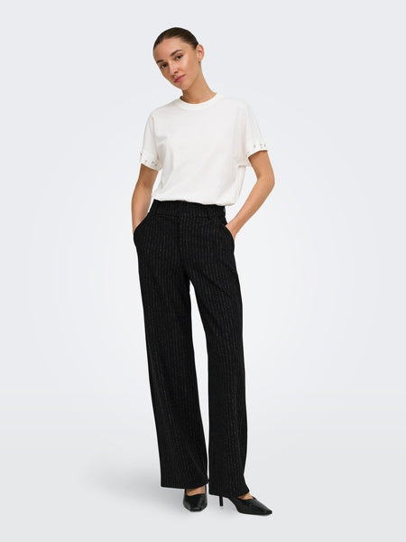 JDY Wide Leg Pinstripe Glitter Trousers in Black