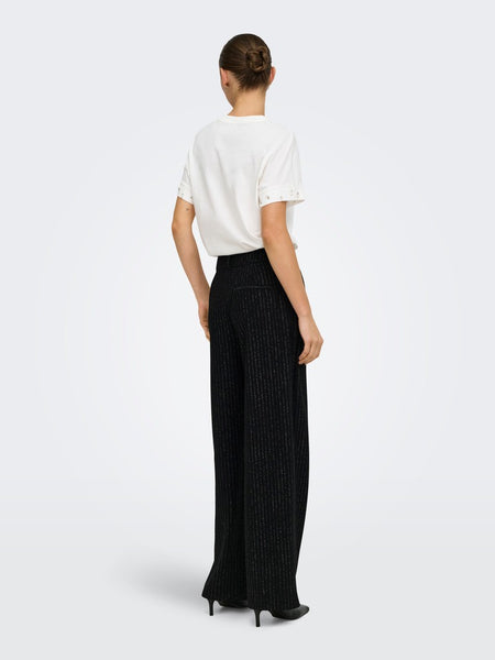 JDY Wide Leg Pinstripe Glitter Trousers in Black