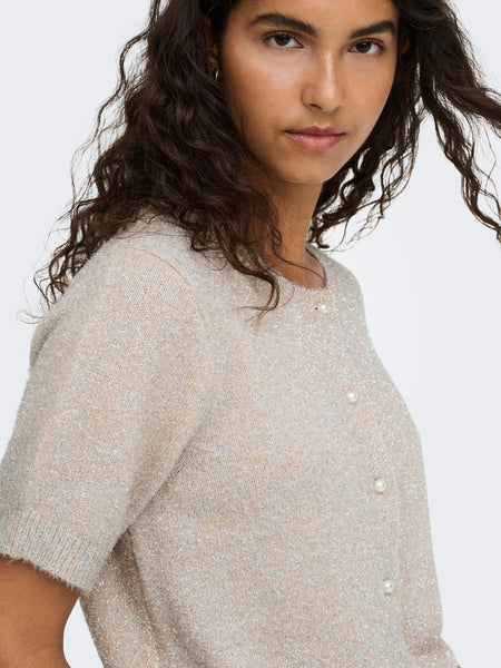 JDY Short Sleeve Glitter Cardigan in Beige