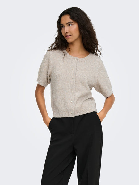 JDY Short Sleeve Glitter Cardigan in Beige
