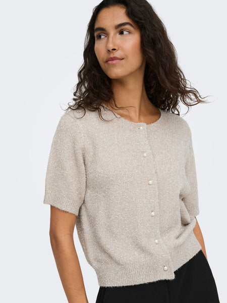 JDY Short Sleeve Glitter Cardigan in Beige