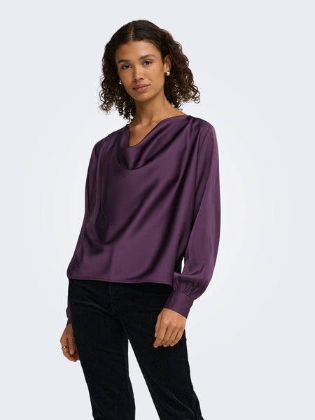 JDY Long Sleeve Satin Look Waterfall Top in Purple