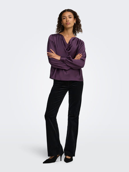 JDY Long Sleeve Satin Look Waterfall Top in Purple