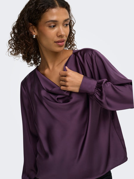 JDY Long Sleeve Satin Look Waterfall Top in Purple