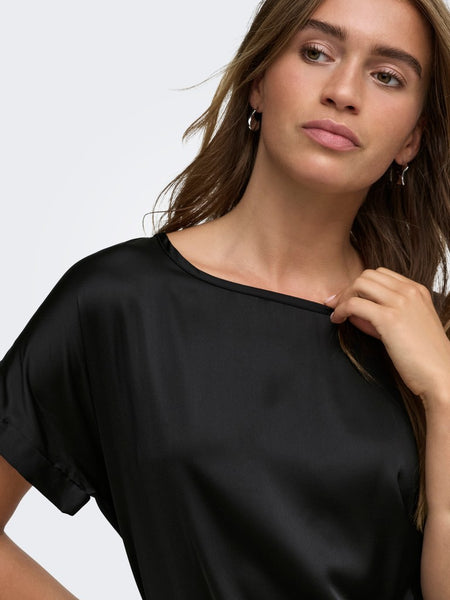 JDY Short Sleeve Satin Look Top in Black