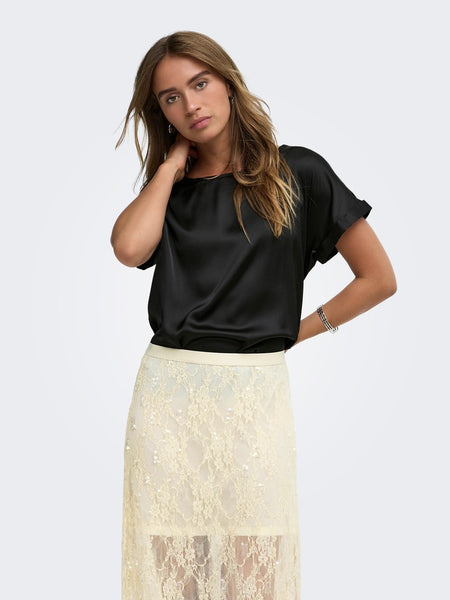 JDY Short Sleeve Satin Look Top in Black