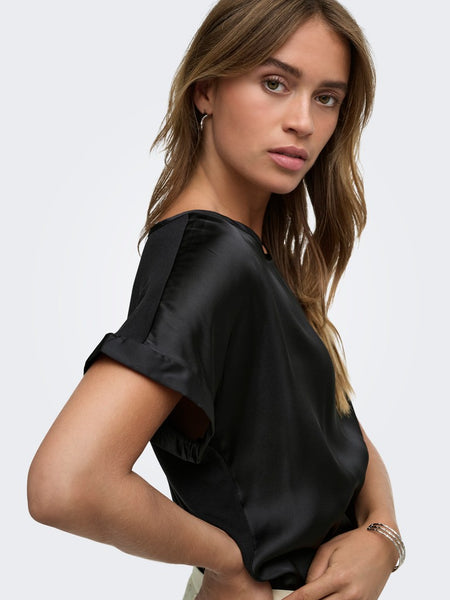 JDY Short Sleeve Satin Look Top in Black
