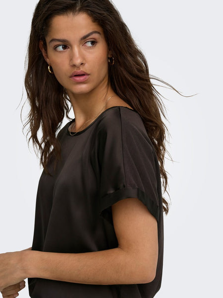 JDY Short Sleeve Satin Look Top in Chocolate