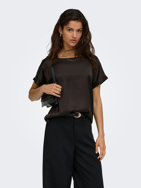 JDY Short Sleeve Satin Look Top in Chocolate