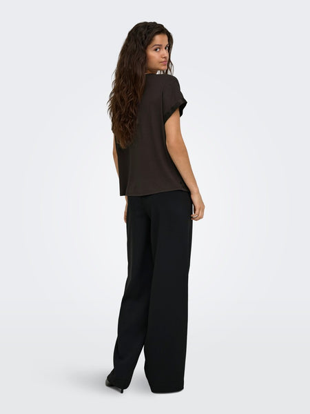 JDY Short Sleeve Satin Look Top in Chocolate