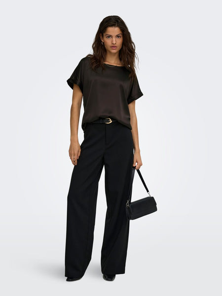 JDY Short Sleeve Satin Look Top in Chocolate