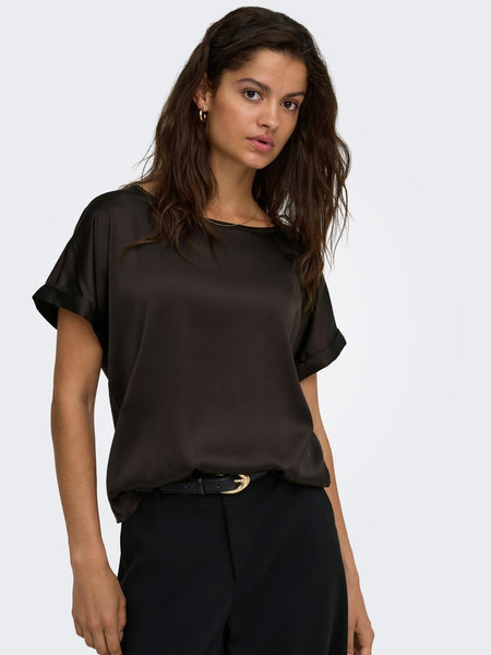 JDY Short Sleeve Satin Look Top in Chocolate