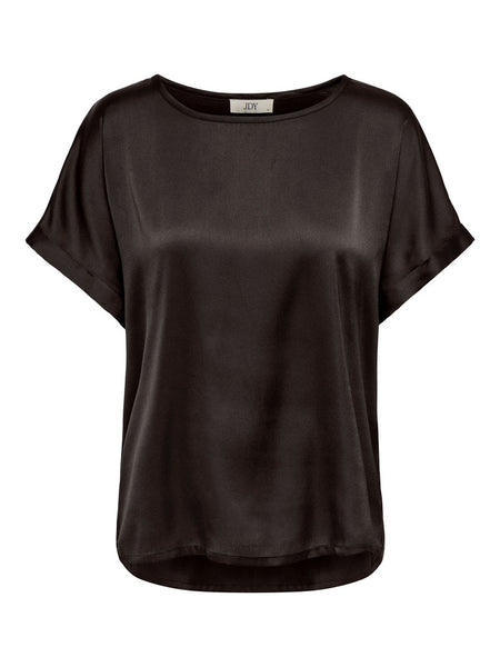 JDY Short Sleeve Satin Look Top in Chocolate