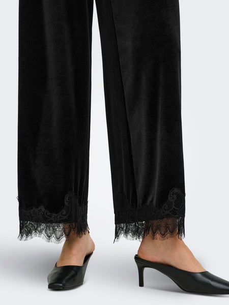 JDY Velvet Lace Trim Trousers in Black