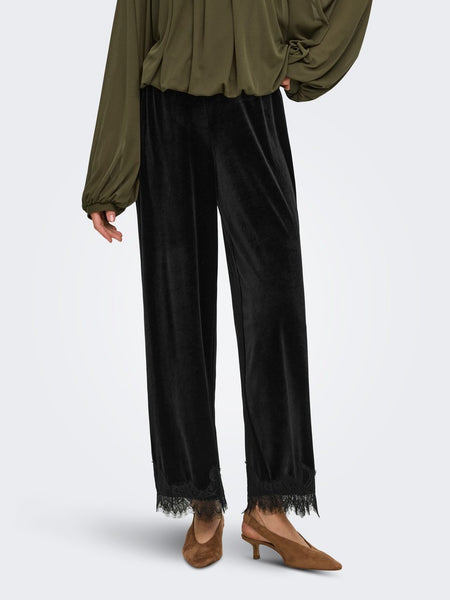 JDY Velvet Lace Trim Trousers in Black