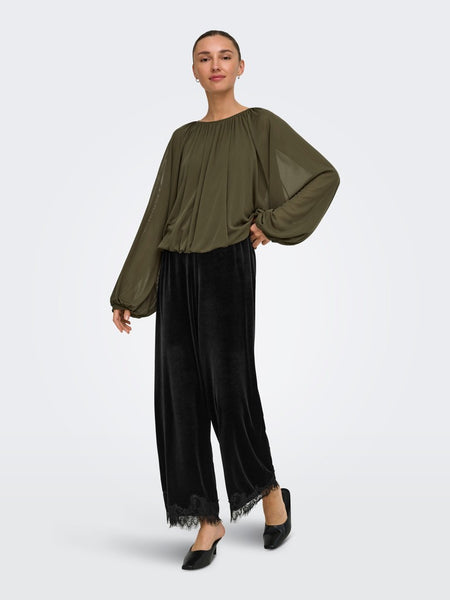 JDY Velvet Lace Trim Trousers in Black