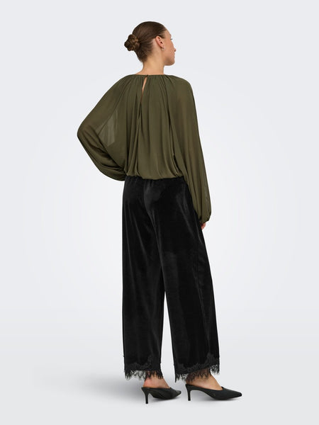 JDY Velvet Lace Trim Trousers in Black