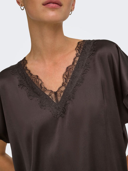 JDY Satin Look Lace Trim Top in Chocolate