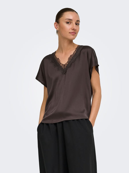JDY Satin Look Lace Trim Top in Chocolate