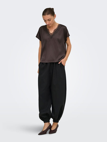 JDY Satin Look Lace Trim Top in Chocolate