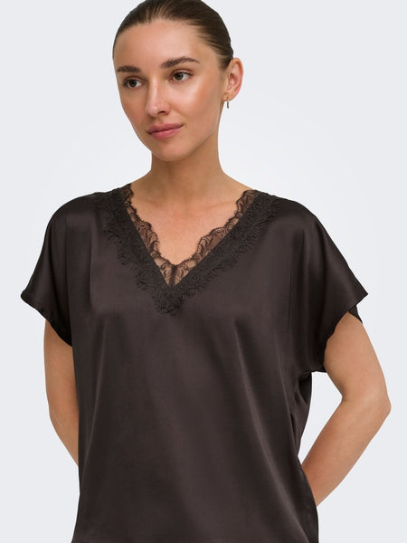 JDY Satin Look Lace Trim Top in Chocolate