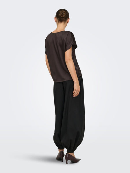 JDY Satin Look Lace Trim Top in Chocolate