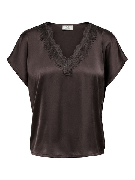 JDY Satin Look Lace Trim Top in Chocolate
