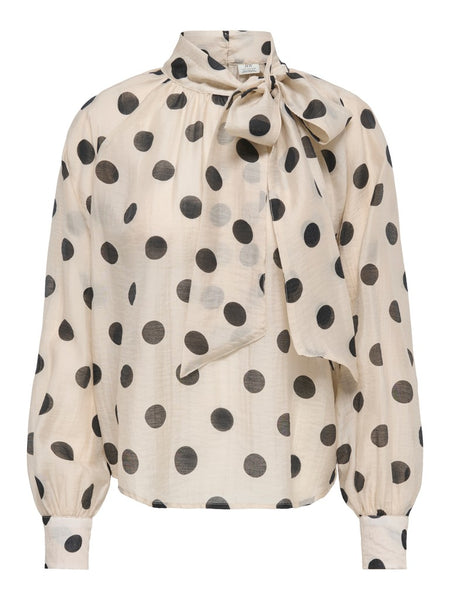 JDY Polka-Dot Tie Neck Top in Cream