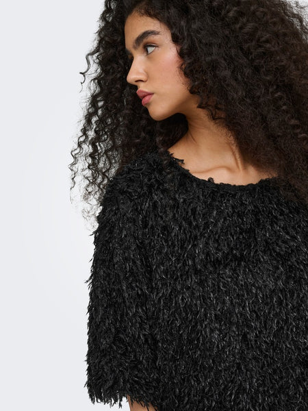 JDY Frayed 2/4 Sleeve Top in Black