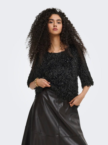 JDY Frayed 2/4 Sleeve Top in Black