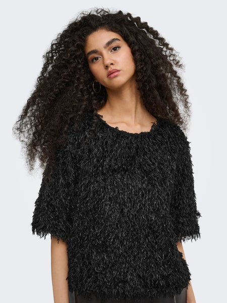 JDY Frayed 2/4 Sleeve Top in Black