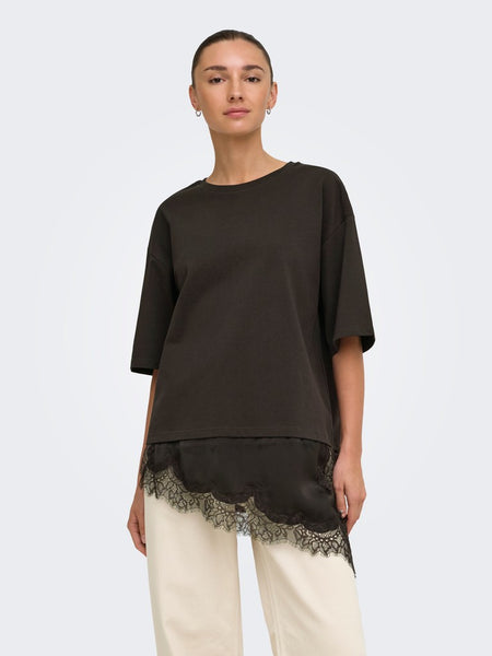 JDY Lace Trim T-Shirt in Chocolate