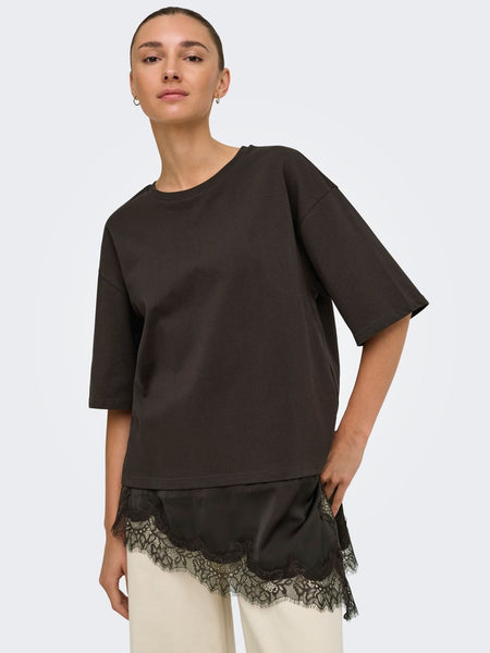 JDY Lace Trim T-Shirt in Chocolate