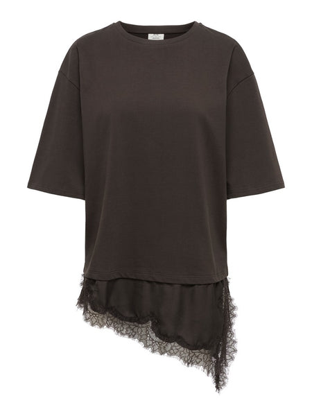 JDY Lace Trim T-Shirt in Chocolate