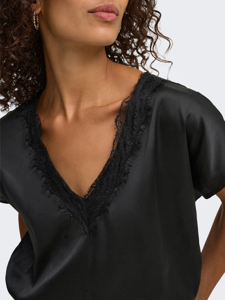 JDY Satin Look Lace Trim Top in Black