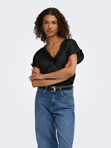 JDY Satin Look Lace Trim Top in Black