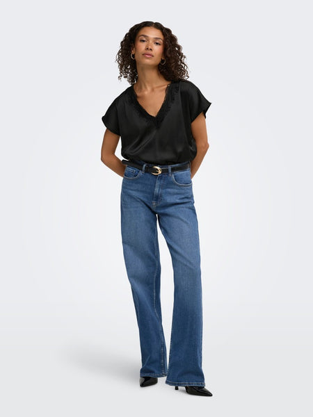 JDY Satin Look Lace Trim Top in Black