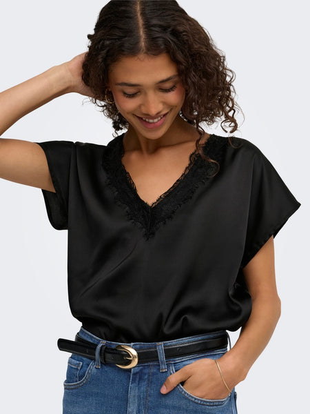 JDY Satin Look Lace Trim Top in Black