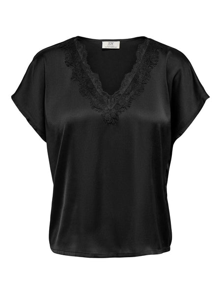 JDY Satin Look Lace Trim Top in Black