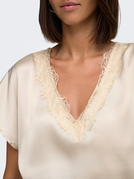 JDY Satin Look Lace Trim Top in Beige
