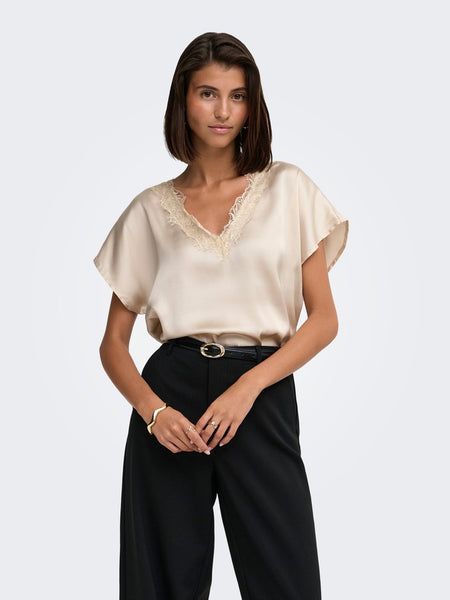 JDY Satin Look Lace Trim Top in Beige