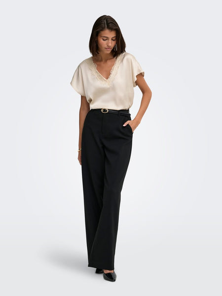 JDY Satin Look Lace Trim Top in Beige
