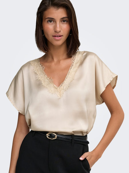 JDY Satin Look Lace Trim Top in Beige