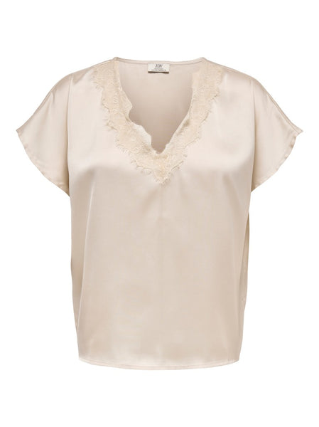 JDY Satin Look Lace Trim Top in Beige