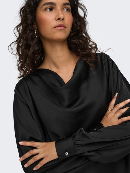 JDY Long Sleeve Satin Look Waterfall Top in Black