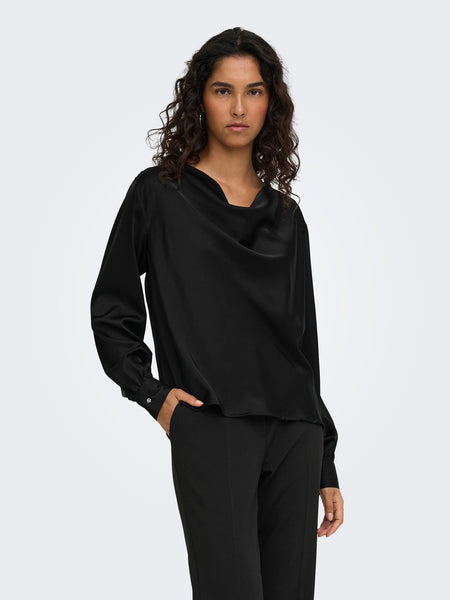 JDY Long Sleeve Satin Look Waterfall Top in Black