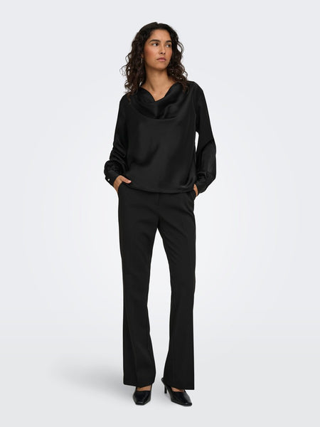 JDY Long Sleeve Satin Look Waterfall Top in Black
